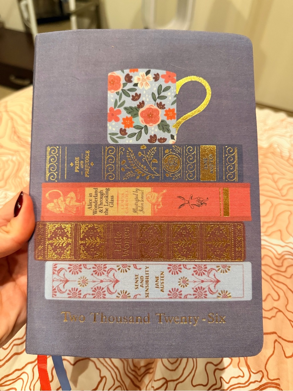 2026 Hardcover Planner with Navy Cover, Floral Teacup & Bookstack Design